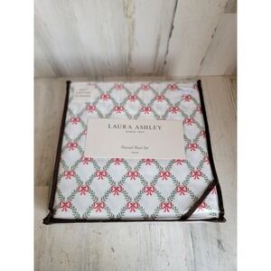 Laura Ashley twin NEW bow trellis flannel‎ bedsheet 3pc holiday Xmas home decor
